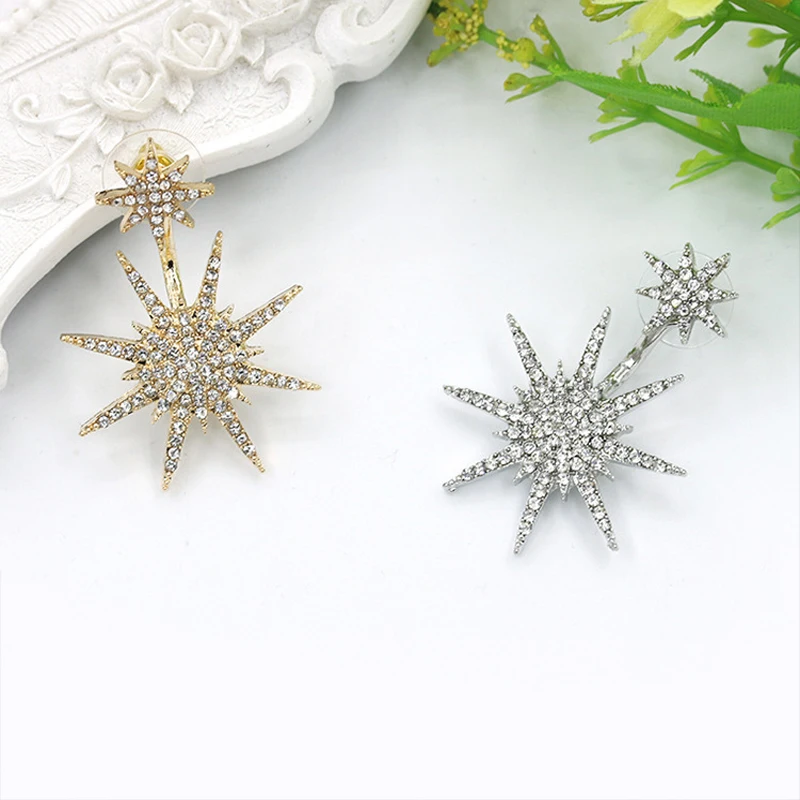 

Fashion Classic Luxury Crystal Stud Earring Gold Silver Color Geometric Double Star Snowflake Earrings For Women Jewelry