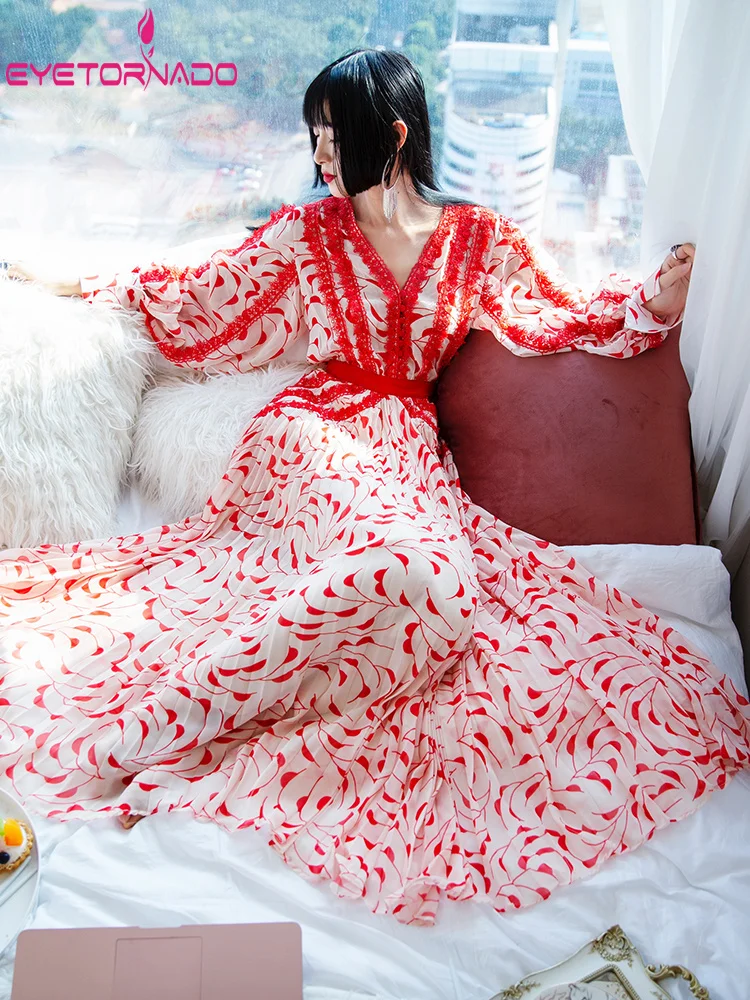 Vrouwen Mode Lange Strand Jurk Kant Patchwork Bloemenprint Boho Maxi Jurken Lantaarn Mouw Zomer Elegante Chiffon Jurk Vestido Vrouwen Mode Lange Strand Jurk Kant Patchwork Bloemenprint Boho Maxi Jurken Lantaarn Mouw Zomer Elegante Chiffon Jurk Vestido