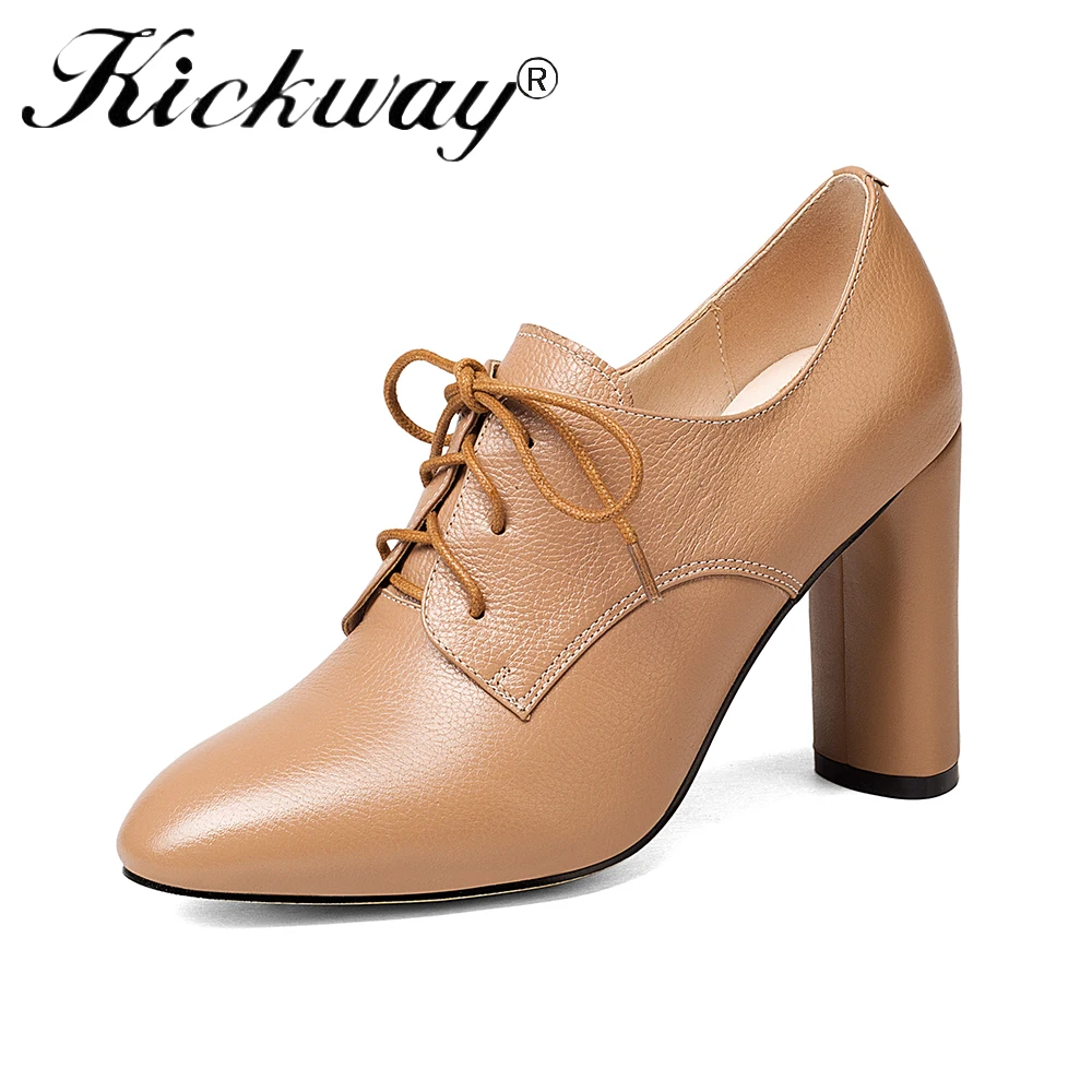 

Kickway High Heel Lace Up Lolita Shoes New 2017 Round Toe Ladies Thick Heel soft cow Leather Pumps ladies party shoes big size43