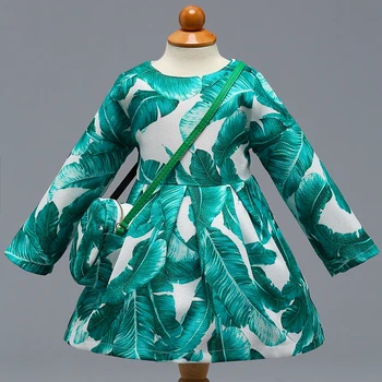 

Retail Green Leaves Lovely Children Girls Cotton Spring Long Sleeves Dress With Bag Cute Girls Evening Party Prom Dress L-394