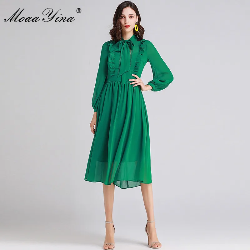 MoaaYina Fashion Designer Runway dress Spring Summer Women Dress Bow collar Ruffles Long sleeve Slim Elegant Dresses - Color: Green