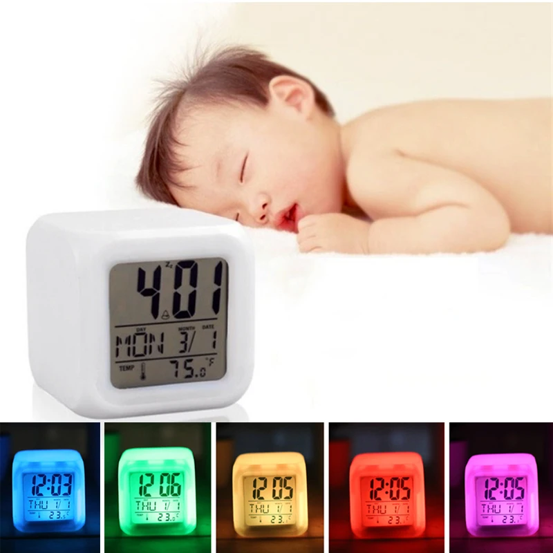 Led Digital Alarm Clock Night Lights 7Colors Change Glowing Mini Desk Table Lamp Thermometer