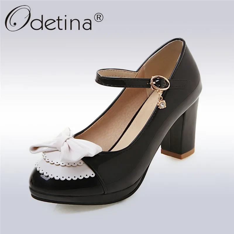 Women Block High Heel Ankle Strap Pumps Bowtie Rhinestones Sweet Platform Shoes