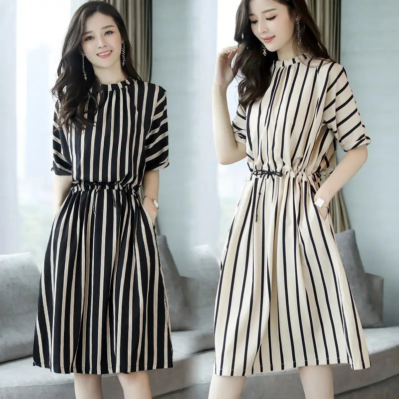

Women Striped Dress Europe Dress 2019 Summer Casual Short Sleeve Boho Slim Elastic Waist Party Beach Dresses Vestidos de fiesta