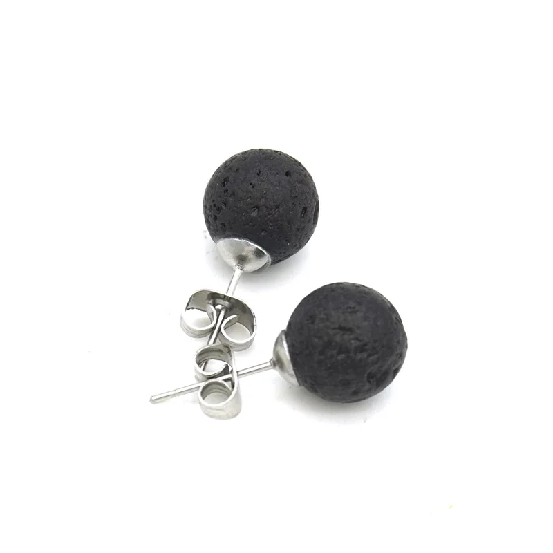 

8mm 10mm Natural Black Lava Stone Bead Stud DIY Aromatherapy Essential Oil Diffuser Earrings Rock Stainless Steel Ear Jewelry