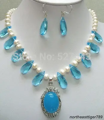 

Wholesale JWEW6560 White Pearl Sky-blue Cubic Zirconia Jade Crystal Pendant 18KWGP Earring Necklace (A0423)