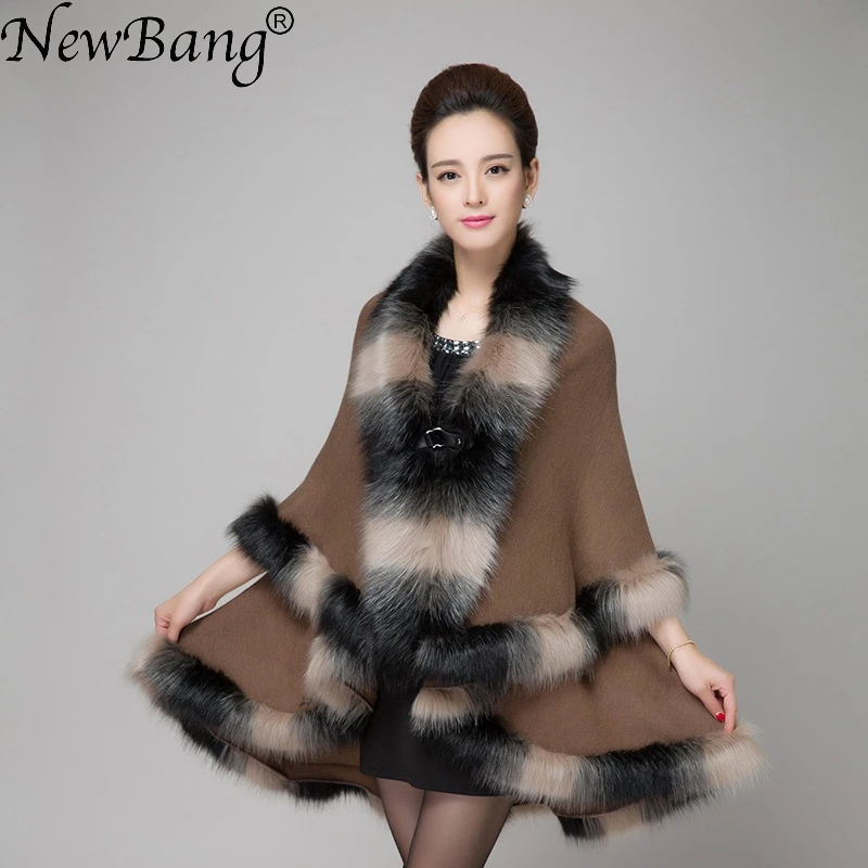 

NewBang Brand Winter Women's Cardigans Multicolour Fake Fox Fur Collar Cashmere Sweaters Shawl Knitted Cardigan Poncho Cape