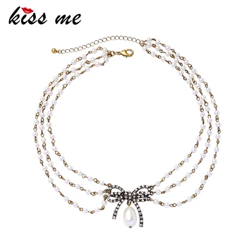 

KISS ME Imitation Pearl Necklace Classic Fashion Multilayer Chain Rhinestone Bowknot Short Collar Necklace Women Bijoux