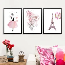 

Watercolor Pink Flowers Eiffel Tower Canvas Paintings Girls Wall Art Poster Birthday Gifts Nordic Pictures Kids Room Home Decor