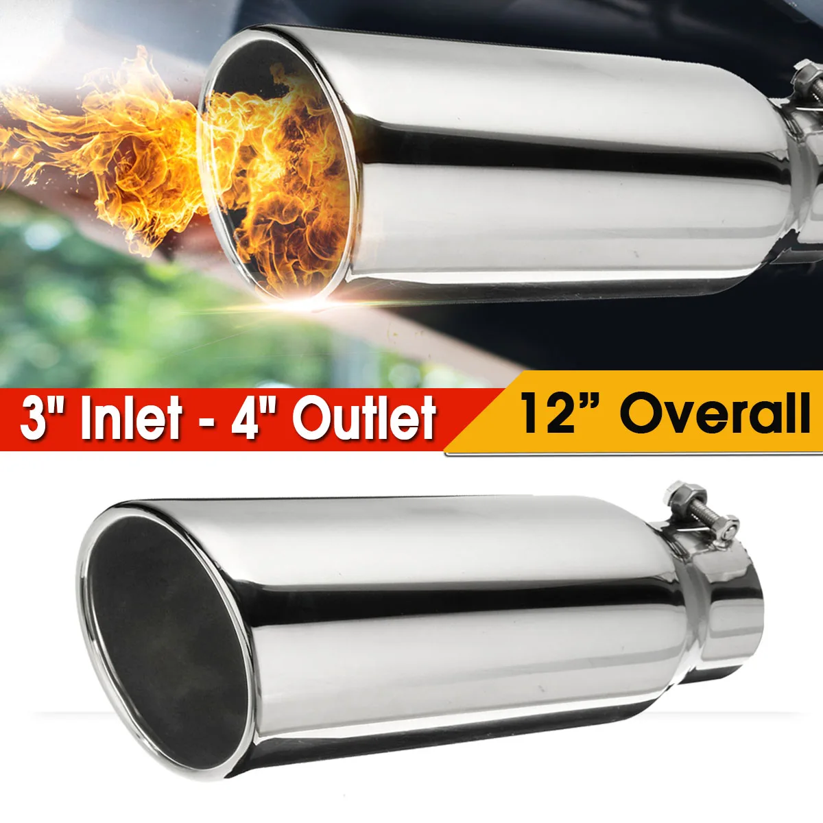 

Universal Exhaust Pipe Tip Stainless Steel 3" Inlet 4" Outlet 12inch Long Diesel Exhaust Tip Muffer