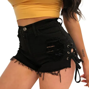 

NORMOV Jean Shorts Women High Waist Push Up Summer Hole Lace Up Sexy Skinny Elasticity Club Shorts Female Super Mini Shorts