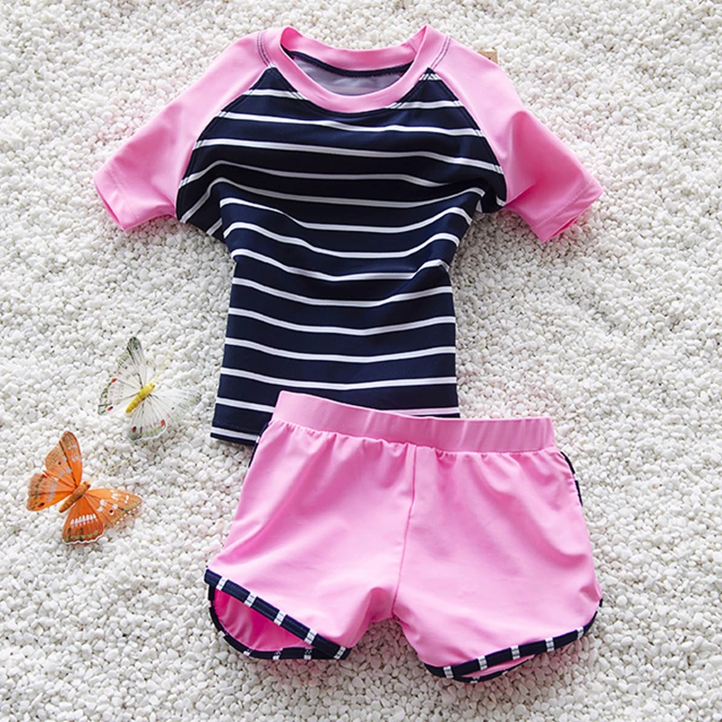 

Girl Two-pieces Swimsuit Striped Girls Swimwear Sunblock Quick-Dry Beach Swimwear Children Hot Springs Kids Bathing Suit 4-10Y