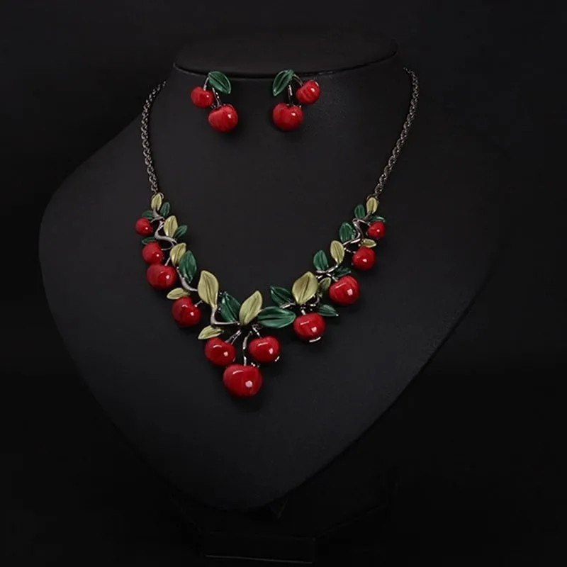 Oil Alloy Cherry Jewelry Sets For Woman Vintage Chain Necklace Pendant Earrings Statement Bridal Wedding Party Gifts