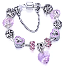 

Elegant Pink Crystal Heart Pendant Charm Cuff Bracelets Bangle Fashion Love Beads Pandora Bracelet For Women Girl Jewelry Gift