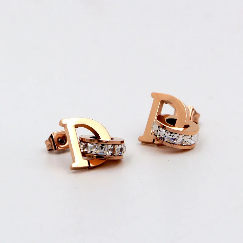 Small and Exquisite D Letters and Crystal Stud Earrings for Women Titanium Steel Brand Jewelry Earrings For Mother’s Day Gift