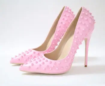 

Pink Rivets Women Pointed Toe Shallow Pumps 12cm Slip On High Thin Heel Party Shoes High Quality 10cm Shoes