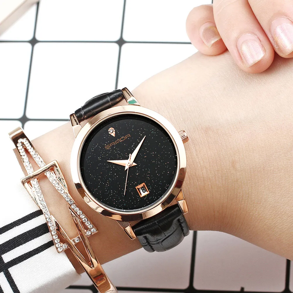 

2018 SANDA Fashion Star Dial Women Watches Luxury Golden Leather Ladies Watch Women Dress Clock Calendar relogio feminino P194
