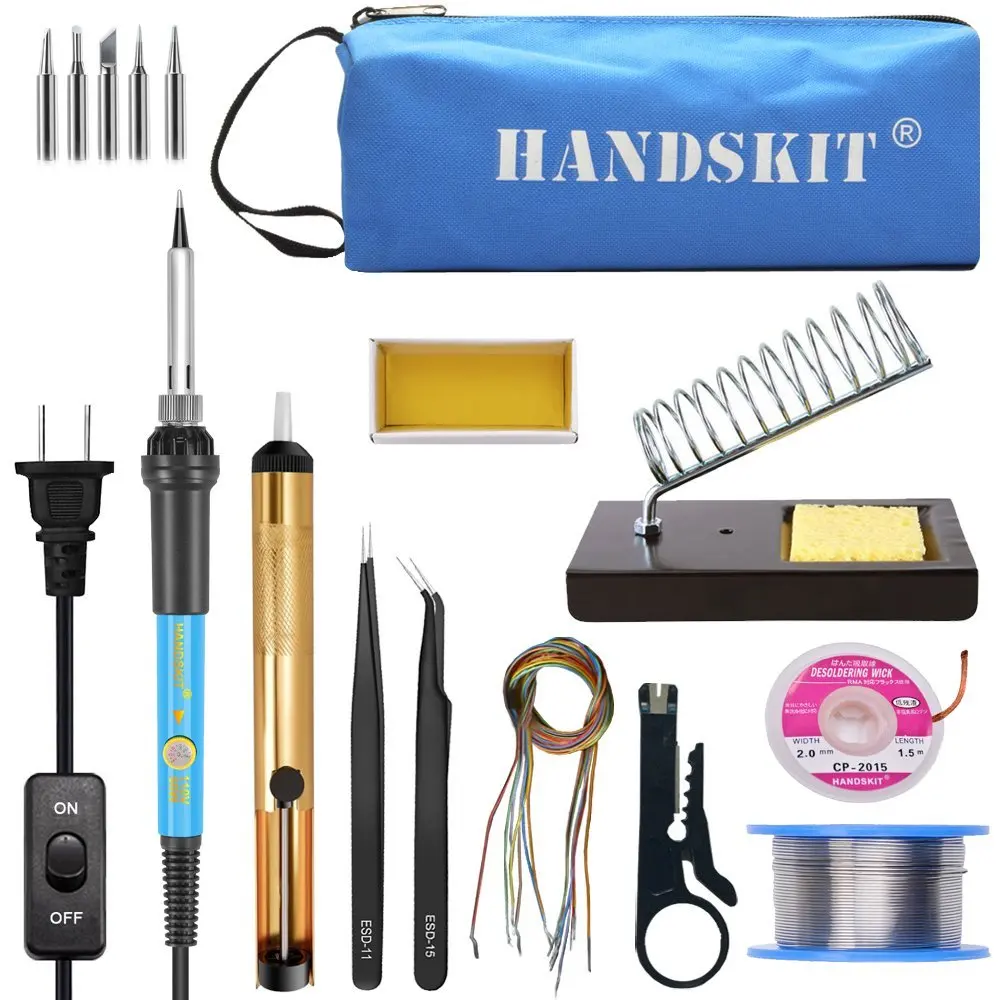 

Handskit Soldering Iron 60W 110V 220V Adjustable Temperature Soldering Iron Kit+5 Tips Desoldering Pump Wick Soldering Holder