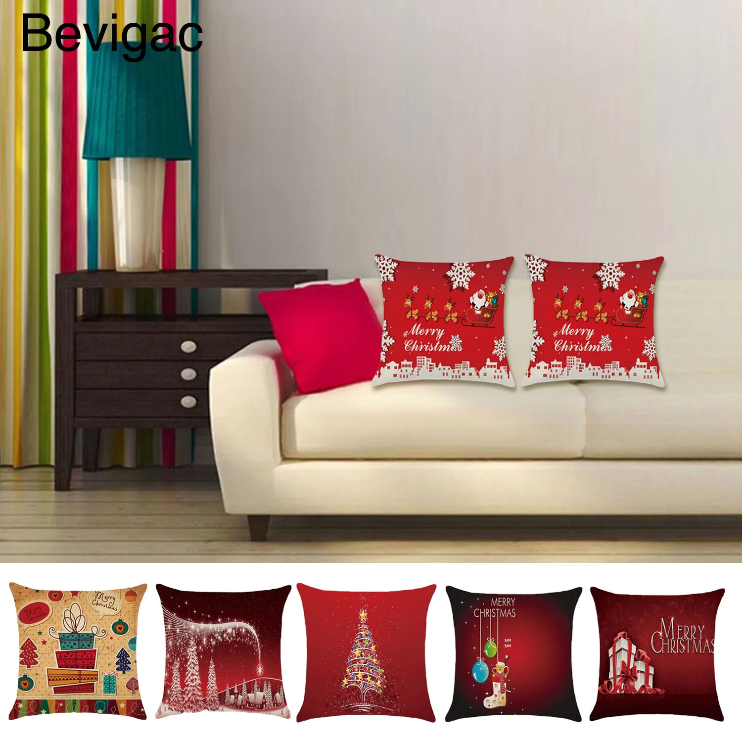 Behogar 45 x 45cm Flax Merry Christmas Santa Claus Decorative Throw