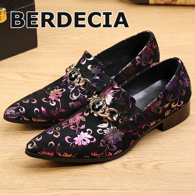 LTTL 2017 Genuine Leather Shoes Flower Prints Jeweled Men With Gold Chain Mens Dress Pointed Toe Slip On Flats |