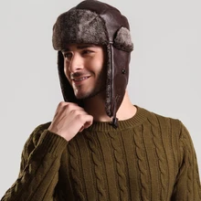 HT1380 популярные мужские ветрозащитные зимние шапки-Бомберы, мужские меховые шапки с ушками из искусственного меха, русские шапки, высококачественные кожаные шапки-ушанки