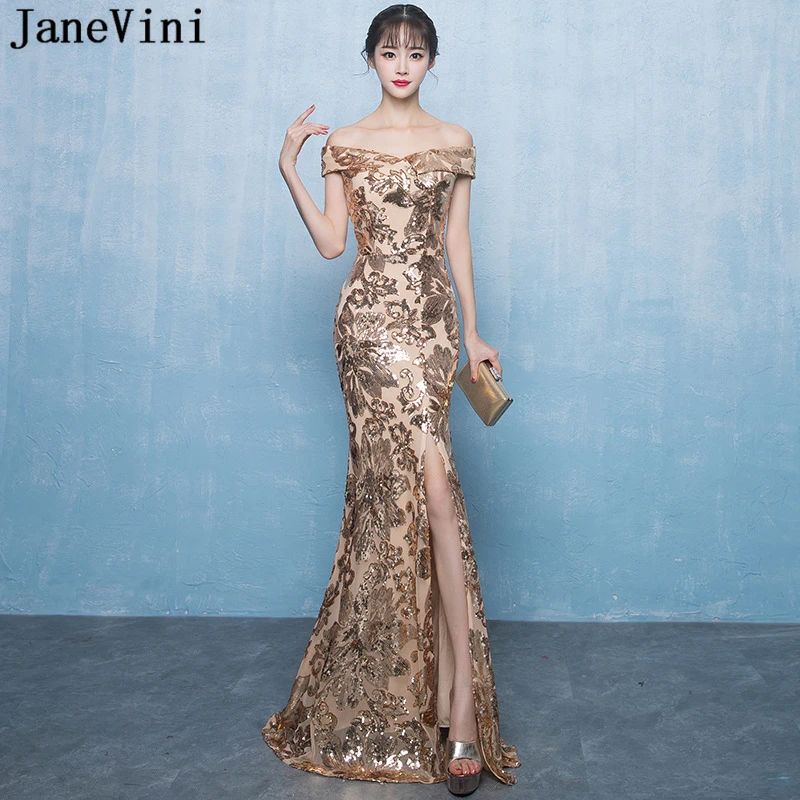 JaneVini Sexy Mermaid Gold Prom Dresses Lange 2019 Off Shoulder Sparkle Lovertjes Side Split Backless Vrouwen Prom Dress Gala Jurk JaneVini Sexy Mermaid Gold Prom Dresses Lange 2019 Off Shoulder Sparkle Lovertjes Side Split Backless Vrouwen Prom Dress Gala Jurk