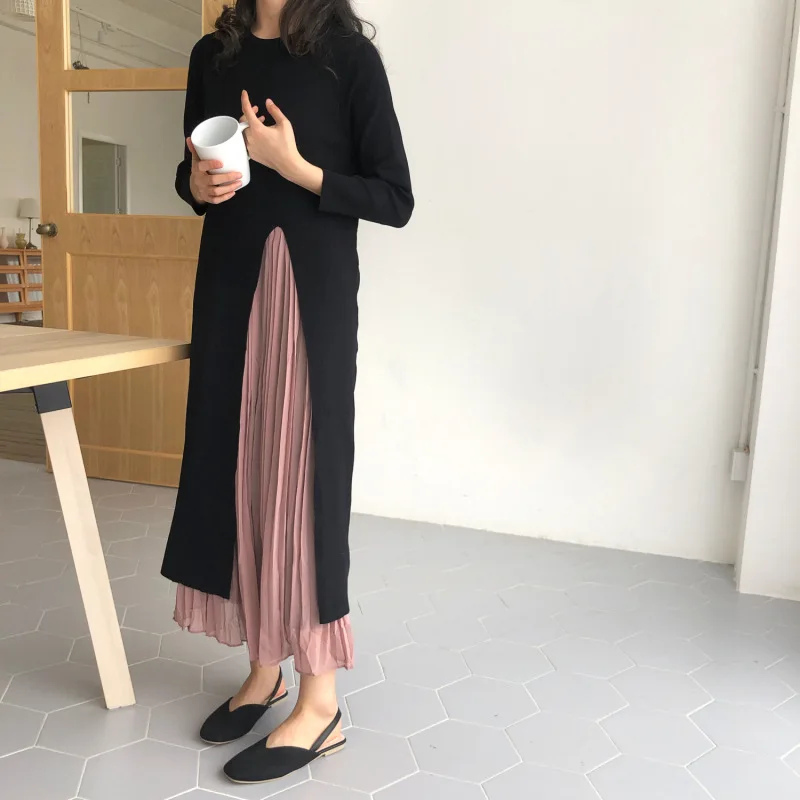

Women Retro Autumn Winter Knitted Dresses Elegant Loose O Neck Patchwork Flase Two Pieces Large Split Hem Solid Chic Long Dress