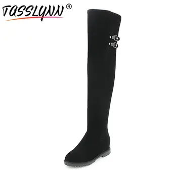 

TASSLYNN 2019 Women Boots Wedges Med Heels Platform Shoes Women Over The Knee Boots Round Toe Flock Zipper Winter Shoes Size 43