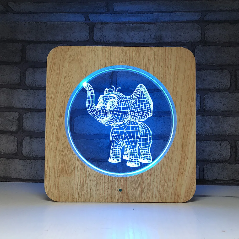 Креативный 3d светодиодный светильник с деревянным зерном 7 прозрачный акриловый ночник штекер в сенсорный usb настольная лампа милый маленький слон