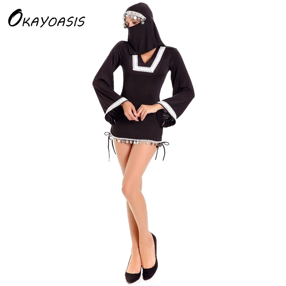 

OKAYOASIS Free Shipping Fancy Black Dress With Muslim Scarf Halloween Party Sexy Dresses Costumes For Lady