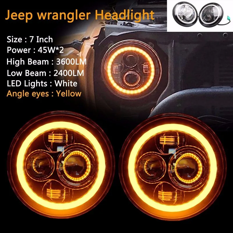 7inch Inch Round LED Headlight Yellow Halo Angel Eyes Jeep JK Wrangler CJ TJ