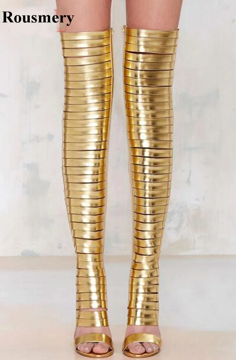 Sexy Women Open Toe Gold Black Leather Over Knee Straps Combined Gladiator Boots Cut-out Stiletto High Heel Boots Dress Shoes Sexy Women Open Toe Gold Black Leather Over Knee Straps Combined Gladiator Boots Cut-out Stiletto High Heel Boots Dress Shoes