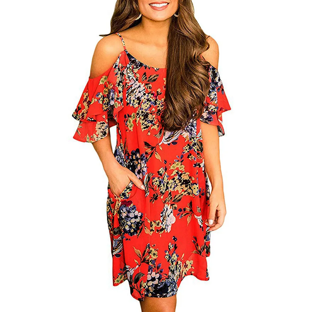 Летнее женское платье с коротким рукавом сексуальное открытыми плечами и