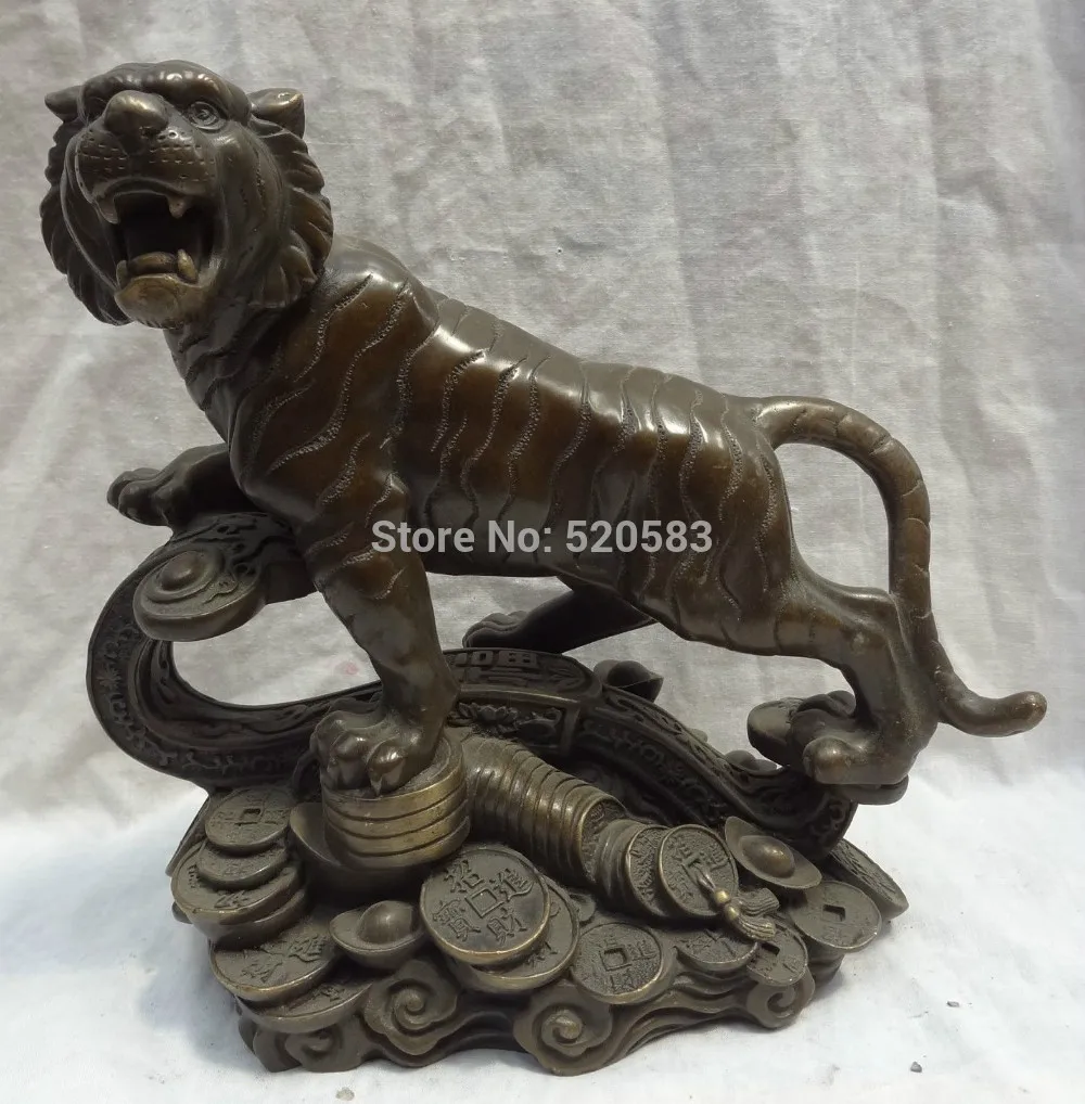 

10"China Pure Bronze Zodiac YuanBao Coin Tiger On RuYi Statue