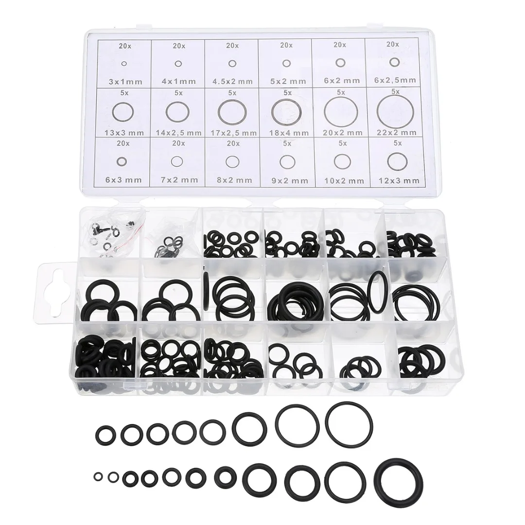 225pcs Black Rubber O-Ring Assortment Washer Gasket Sealing Ring Kit 18 Sizes with Plastic Box