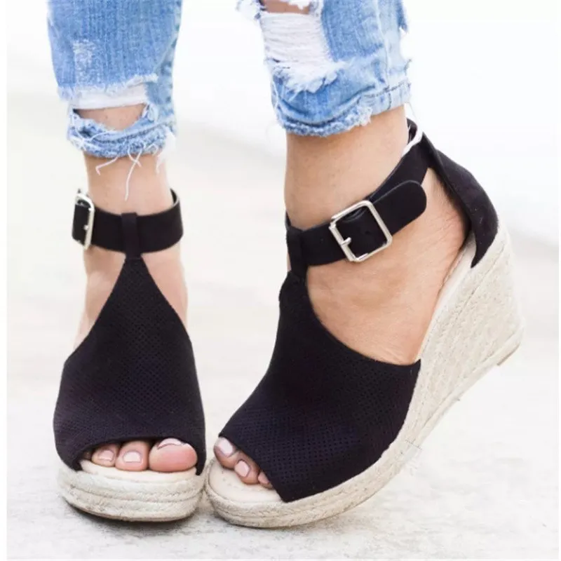 

EOEODOIT Peep Toe Wedges Heels Sandals Women High Heel Height Increasing T Buckle Pumps Shoes Cover Heel Plus Size Casual Sandal