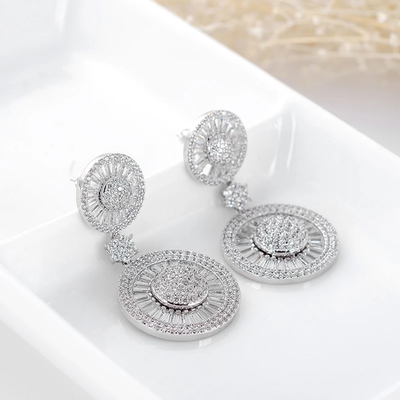 LUOTEEMI New Luxury Noble Dangle Shining CZ Crystal Double Round Brincos Statement Drop Earrings for Women Wedding Jewelry