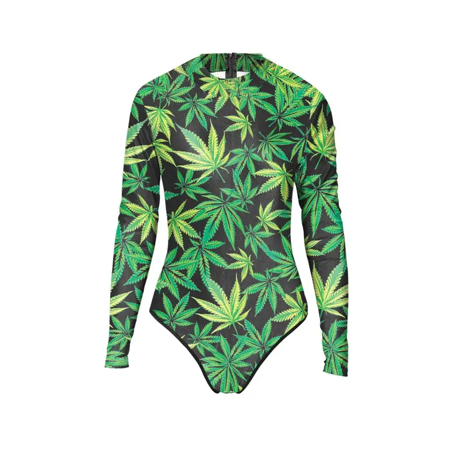 2016 Summer Style Green Leaf Print One Piece Swimsuit Sexy Women Long