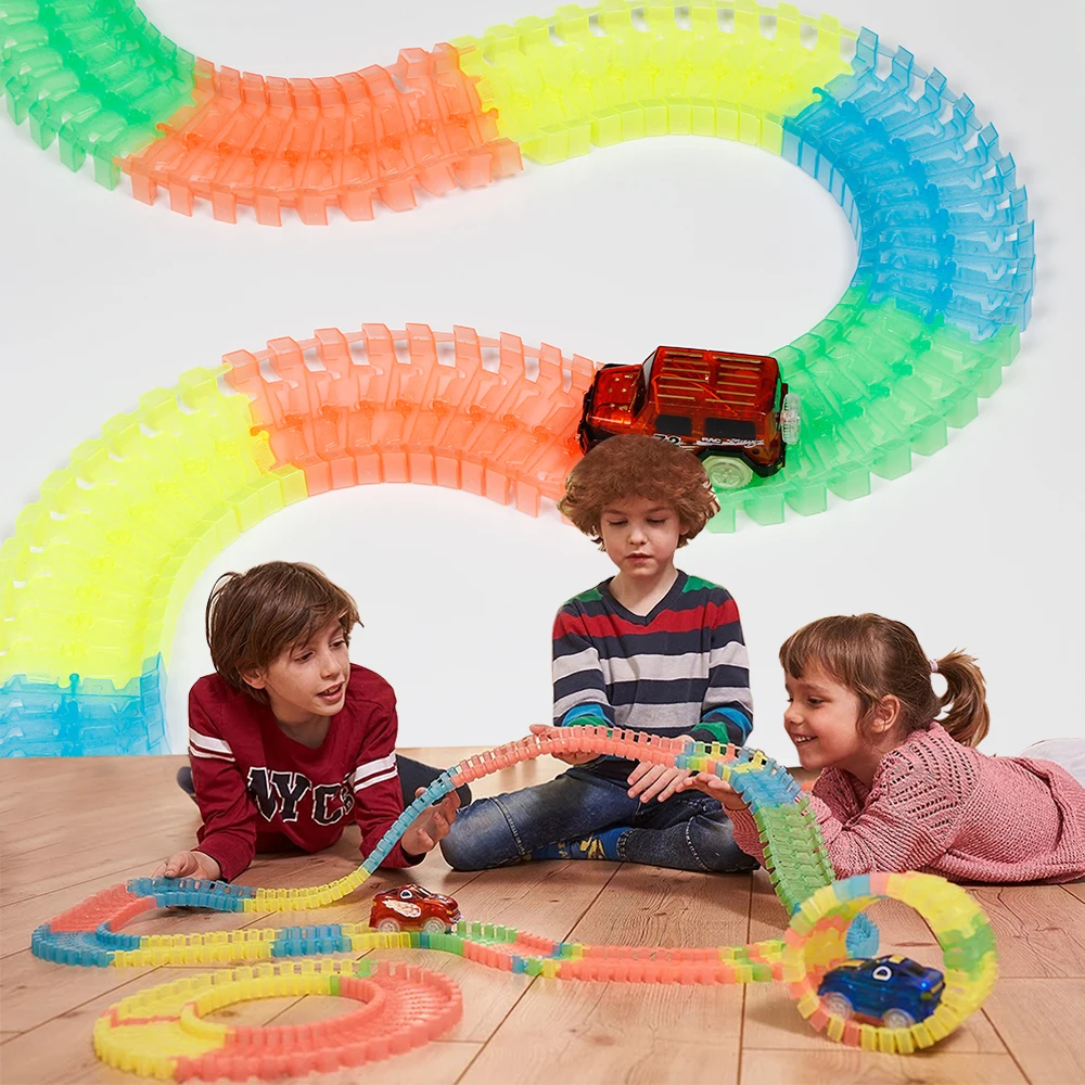 

Baby Toy Cars Miraculous Glowing Race Track Bend Flex Flash Car Kid Assembly Toy 150/165/220/240Pcs Track Car Toys For Kids Gift