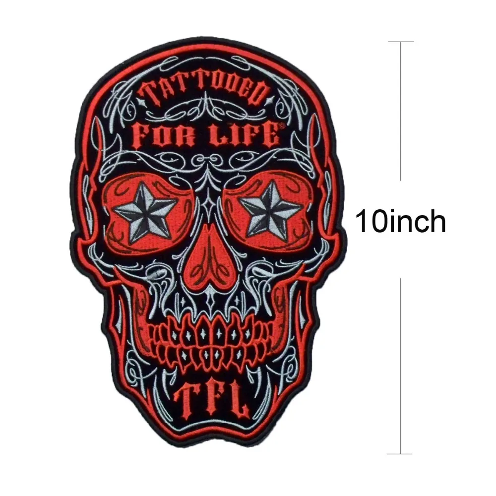 Red tattooed for life motorcycle embroidery iron on patch Skull custom punk biker cut stickers free shipping  (4)