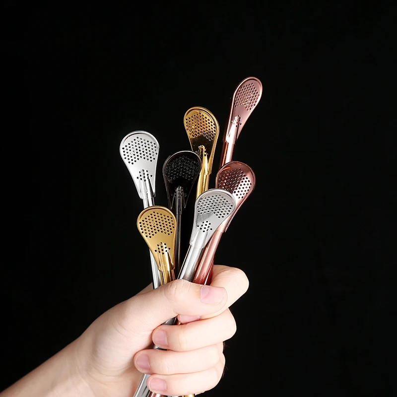 

2 in 1 Resuable Stainless Steel Straw Spoon Tea Strainer Shaker Coffee Filter Spoons for Mugs Beer Cup Tableware Bar Accessories