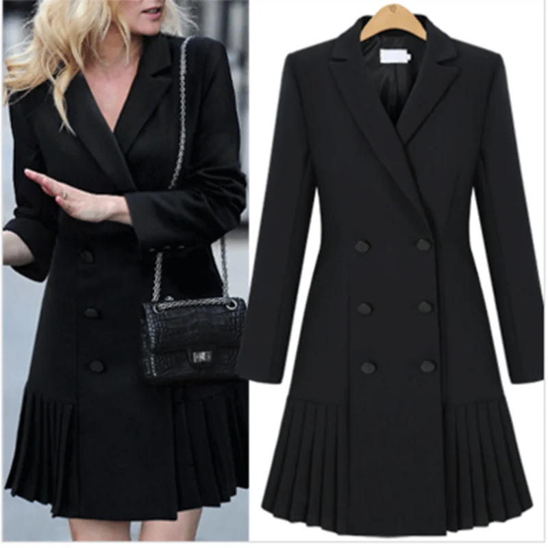 Women's jacket 2019 new fashion slim long coat black wild temperament pleated skirt elegant small suit jacket Blazers jacket