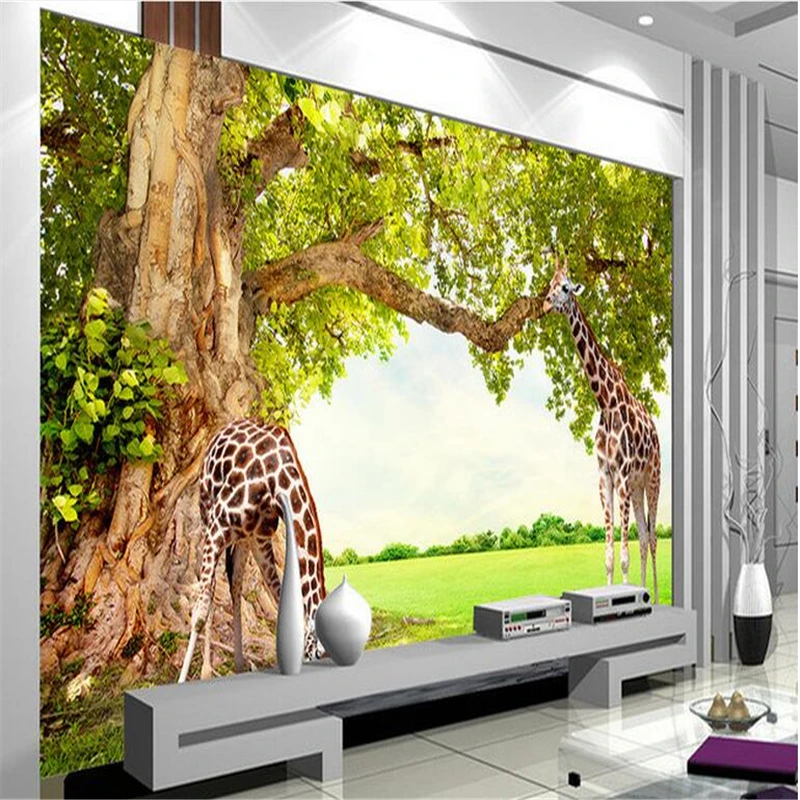 

beibehang Custom Wallpaper Wall Stickers 3D Wall Fresco 3D Trees Giraffe TV Backdrop papel de parede for walls 3 d wall paper