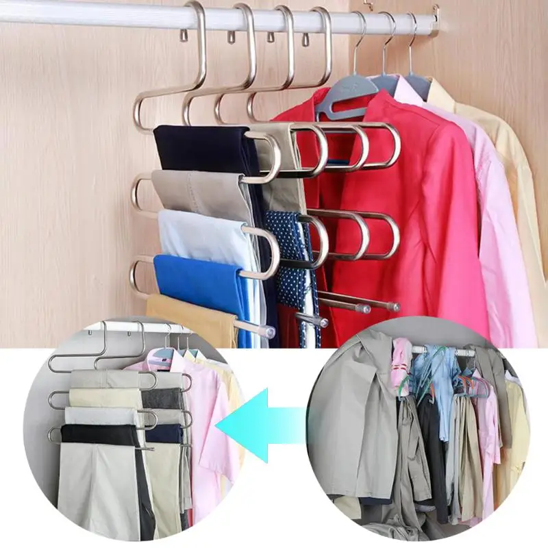 الفولاذ المقاوم للصدأ الملابس شماعات متعددة الوظائف s-نوع 5 طبقات السراويل الملابس معلقة رفوف خزانة حزام حامل المنظم