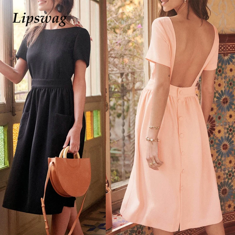 

Lipswag Summer Casual O-Neck Solid Button Sundress Women Sexy Backless Slim Dresses 2019 Summer Short Sleeve Pocket Party Dress