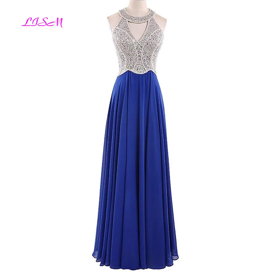 A-Line Chiffon Crystals Beaded Long Evening Dress 2019 New Custom Made Halter Sleeveless Prom Party Gowns vestido de noite
