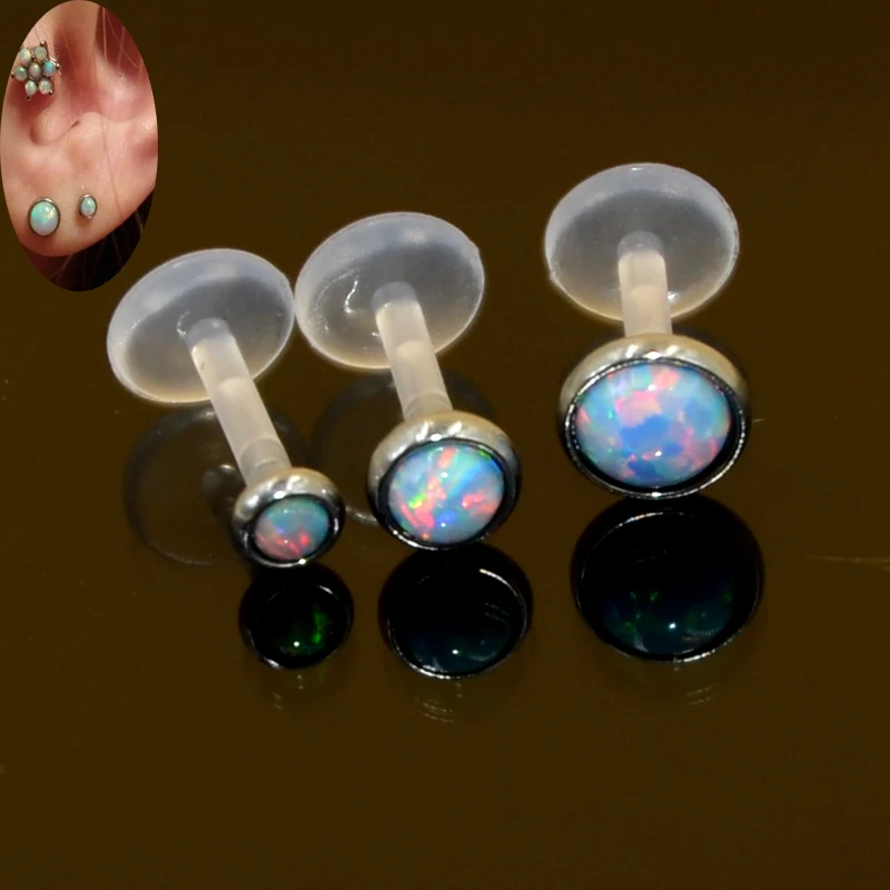 

1Pc Flexible Opal Push In Top Bioplast Flexible Lip Piercing Ring Labret Stud Ear Helix Tragus Cartilage Earring 16g