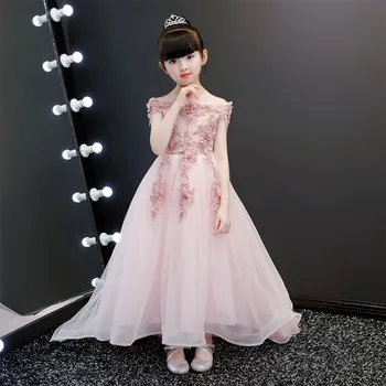 

Flower Girl Beading Dress Trailling Puffy Wedding Party Dress Girl First Communion Princess Embroidery Lace Evening Dress D64