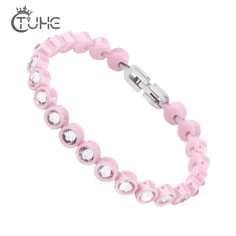 Очаровательный розовый синий браслет из нержавеющей стали с кристаллами CZ, браслет, ювелирные изделия для женщин на День святого Валентина