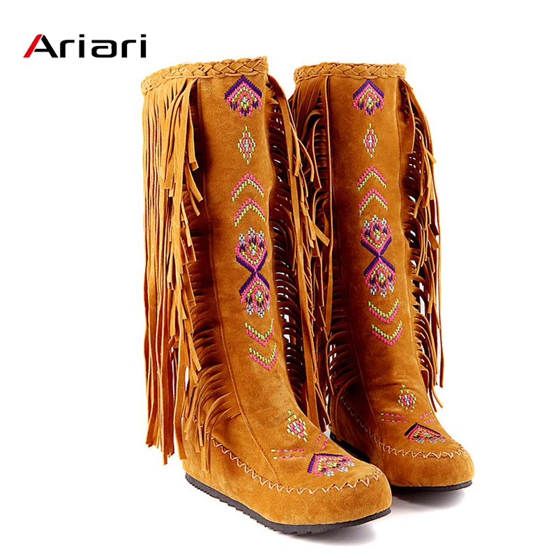 

Ariari 2019 Spring Women boot Mesh Lining Flock Leather Women Flat Long Boot Slip-on Fringe Woman Knee High Boot